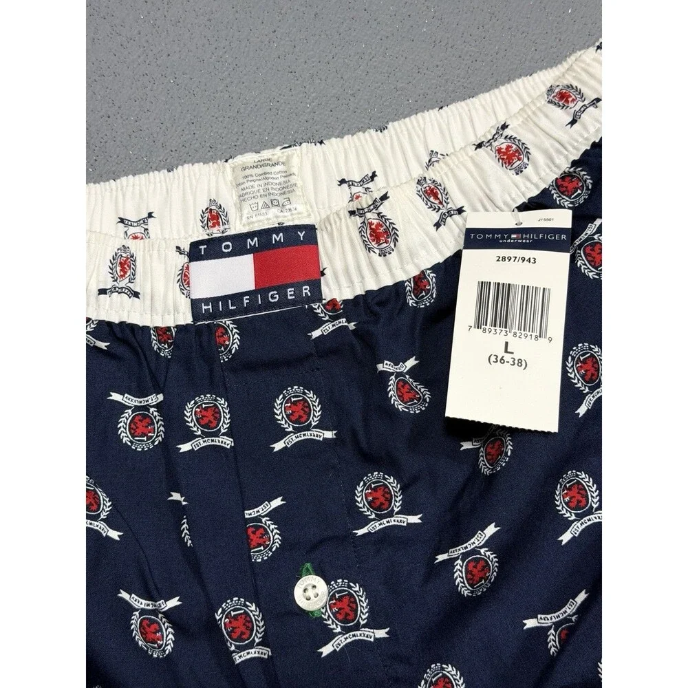 NWT Vtg 2000s Tommy Hilfiger Crest Boxers Large Navy AOP Cotton Lounge Shorts